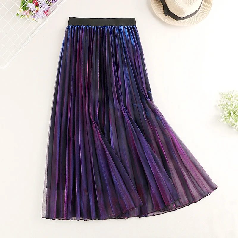 

2018 All-match Trending Shiny Pleated Medium Long Skirts Young Women Fashion Korean Style Bust Skirts