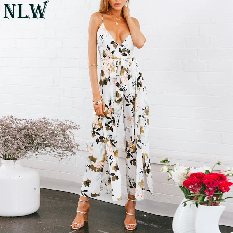 Nlw boho الأزهار طباعة بذلة الخامس الرقبة مثير الصيف رومبير 2018 النساء عالية ينتظر تقسيم الشاطئ وزرة playsuit داخلية أنيقة