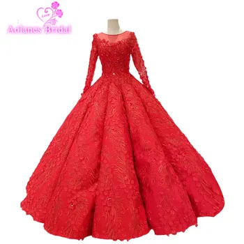 

2018 New Indonesia Muslim Red Lace Scoop Vintage Wedding Dresses Floor-length Lace Up Waves Ball Gown Vestido De Noiva Trouwjurk