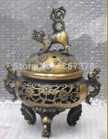 

shitou 00910 10"Feng shui China Bronze Hollow out carve Pi yao PHOENIX Chrysanthemum censer discount 30% (C0324)
