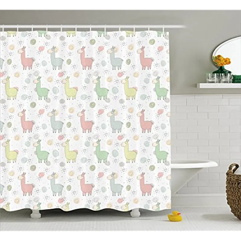 

Vixm Llama Shower Curtain Colorful Collection of Llamas with Doodle Style Circles and Heart Shapes Cartoon Fabric Bath Curtains