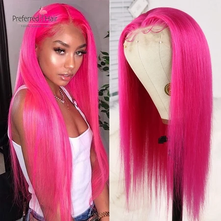 Preferred Hot Pink Straight Ombre Full Lace Human Hair Wigs 13x6 Lace Front Wig Remy Brazilian Transparent Lace Wigs For Women - Цвет: Hot Pink