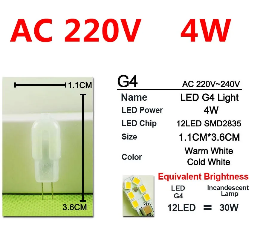 Затемняемый 12 В/220 В мини G4 светодиодный светильник COB светодиодный светильник 4 Вт 6 Вт 10 Вт AC DC светодиодный G4 люстра заменить галогенный светильник Лампада Bombilla ампула - Испускаемый цвет: 220V 4W 12LED2385