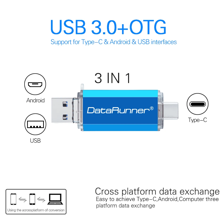 Флеш-накопитель DataRunner OTG USB 3 в 1 USB3.0& type-C& Micro USB флеш-накопитель 32 Гб 64 Гб 128 ГБ 256 ГБ Флешка флеш-накопитель