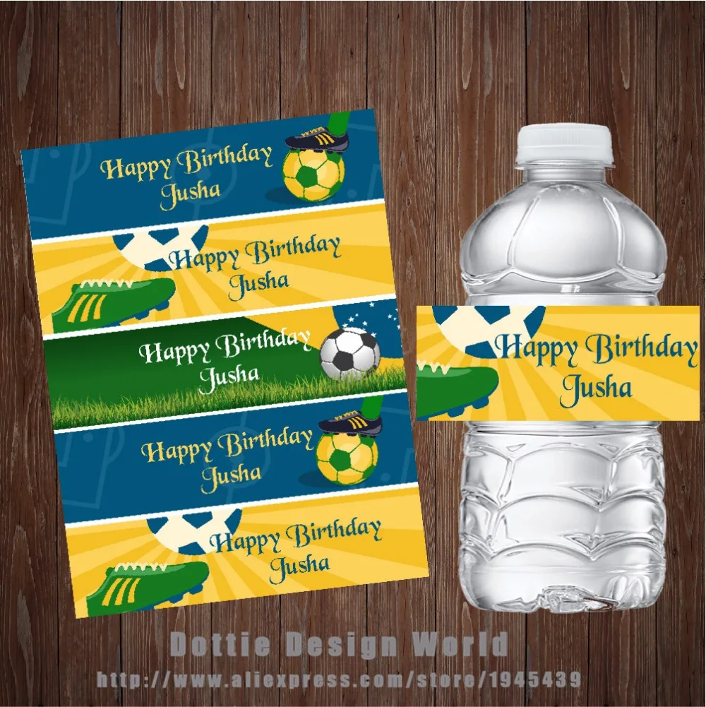 

20 pcs/lot Football Water Bottle Labels Custom Soccer Candy Bar wrapper Baby shower Birthday Party decoration free shipping