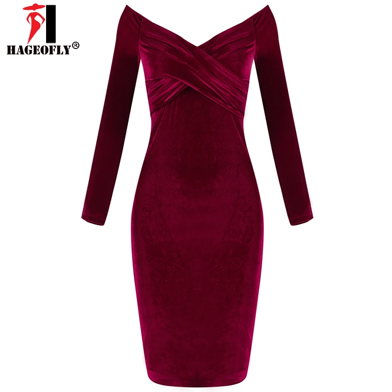 HAGEOFLY 2018 Autumn New Long Sleeve Vestidos Fashion Women Party Runway Dress Sexy V Neck Off Shoulder Club Midi Velvet Dress
