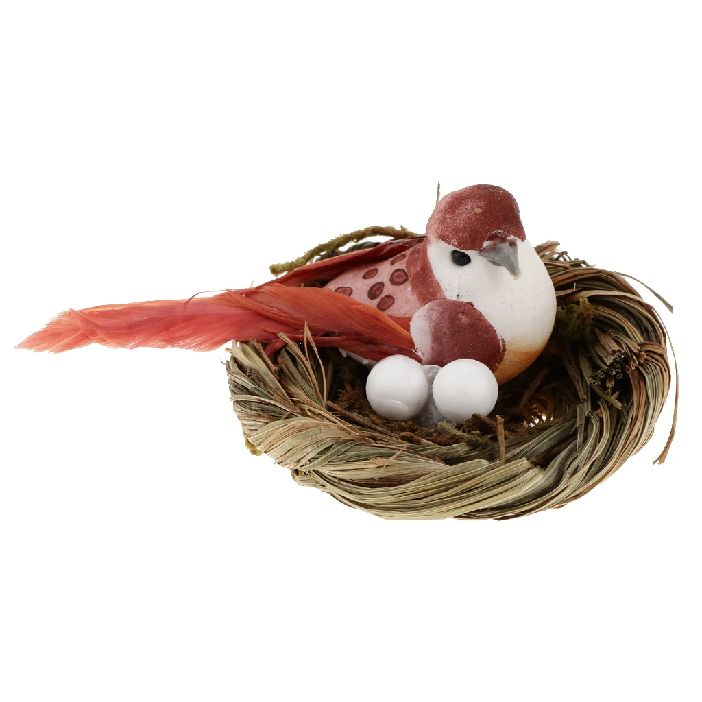 Mini Feather Foam Bird Artificial Hay Bird Nest & Birds Eggs for Indoor Outdoor Plant Ornament Yard Garden Decor