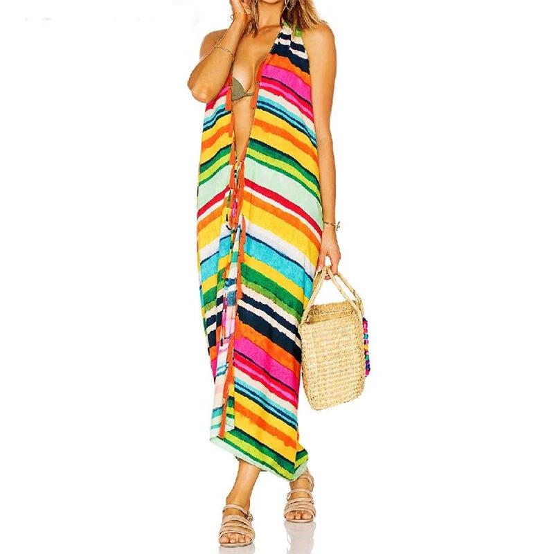 

2019 Bikini Cover up Pareos Beach Cover up Rayon Striped Long Beach Dress Robe de Plage Swimwear Tunic Swimsuit Coverups