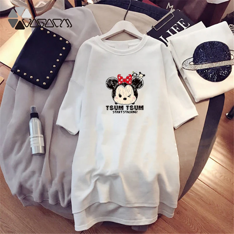 

2019 Summer Women Dresses Minnie Mickey Mouse Cartoon Printed Casual Loose White Women Clothes Big Size Dress Fashion Dresses