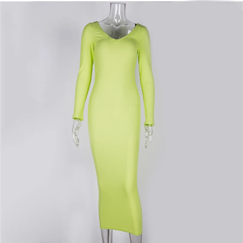 Женское сексуальное облегающее длинное платье NewAsia с v-образным вырезом и длинным рукавом, тонкое стрейчевое Хлопковое платье, повседневные Клубные вечерние осенние платья-карандаш - Цвет: Neon Green
