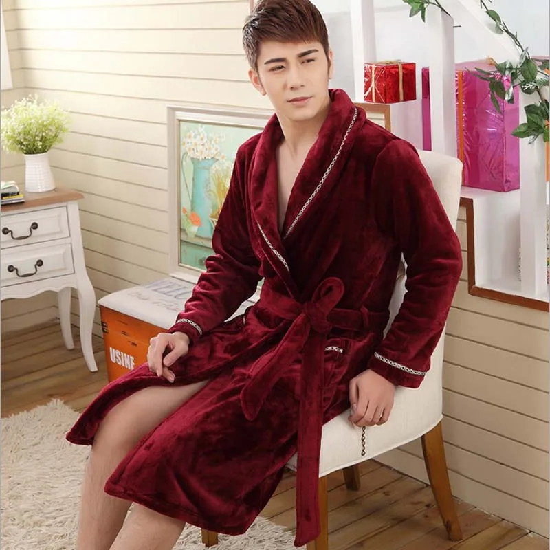 Парные халаты с вышивкой в виде бабочек, зимний теплый халат из кораллового флиса для женщин и мужчин, ночная рубашка, кимоно, пеньюар - Цвет: Red wine men
