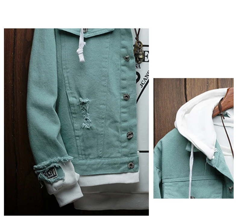 awesome  Men women 2019 New spring Fake two pieces Stitching Pink Ripped Hooded Denim jeans Jacket Hip Hop S