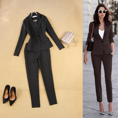 Осенний модный костюм женский деловой костюм куртка и длинные секции темперамент Повседневный Двухсекционный брюки TideThe женский брючный комплект - Цвет: Черный