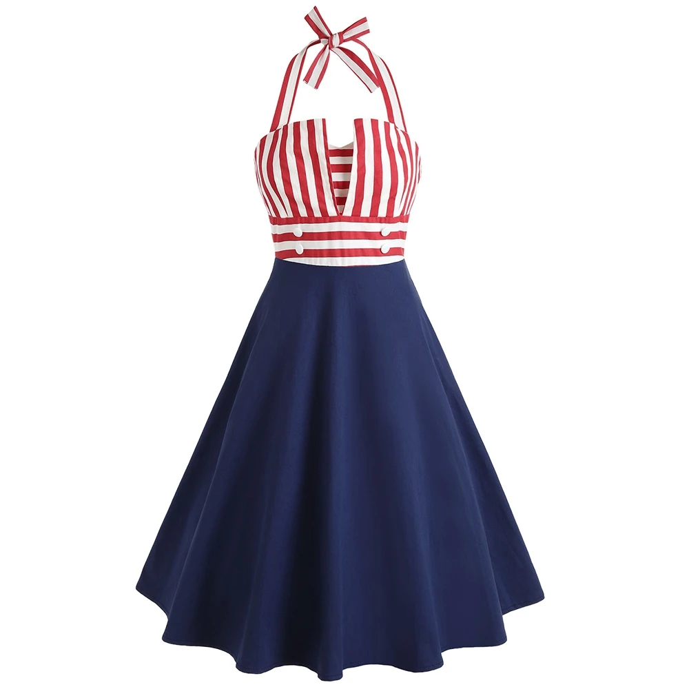 Women-Striped-Halter-Pin-Up-Dress-Summer-Sleeveless-Mini-Dress-Female-Vintage-Patchwork-Dress-Party-Dress (5)
