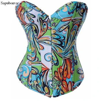 

Sapubonva Sexy Flower Print Ladies Corset Costumes Waist Trainer Bodysuit Bustiers Cheap Female Corset Overbust Top Green Design