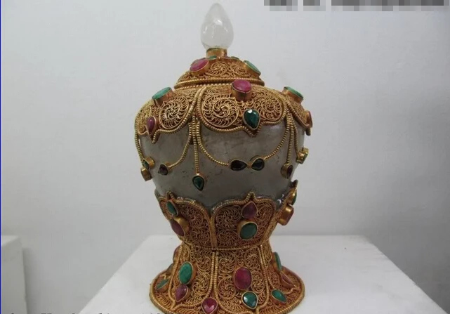 

Elegant old S0565 Tibet Copper Gild crystal inlay gem carbuncle beryl Crock Pot Wish-granting Vase (A0321)