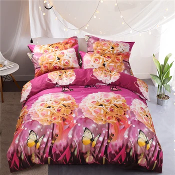 

Beautiful Cotton Printed Flower Bedding Set Wedding Bed Sheet Duvet Cover Pillowcase Queen King 4pcs Rose butterfly quilt Cover