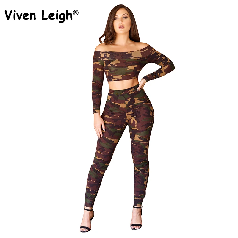 Viven Leigh Camouflage Crop Top and Skinny Full Length Pants 2017 Winter New Women Slash Neck Long Sleeve Camo 2 Piece Set | Женская