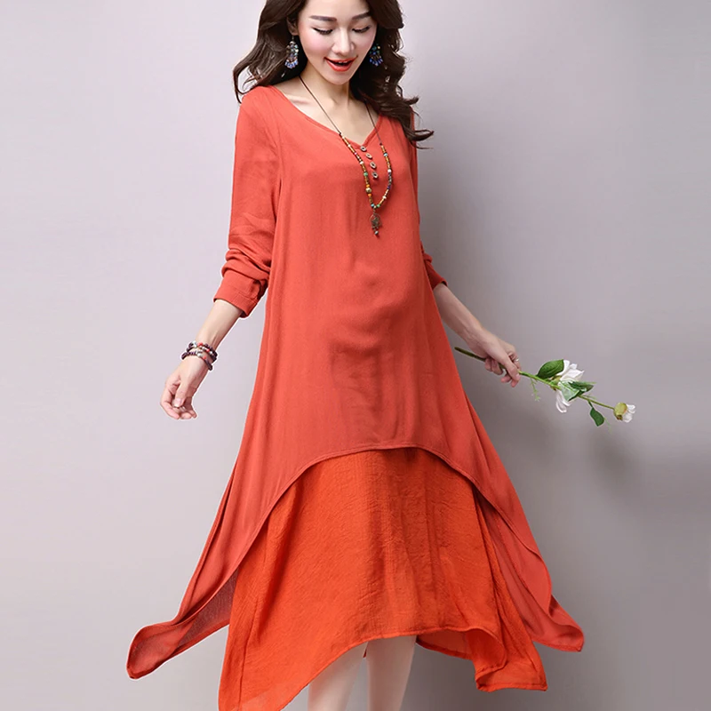 Women White Yellow Orange Two Piece Long Dress Linen Causal Vintage V