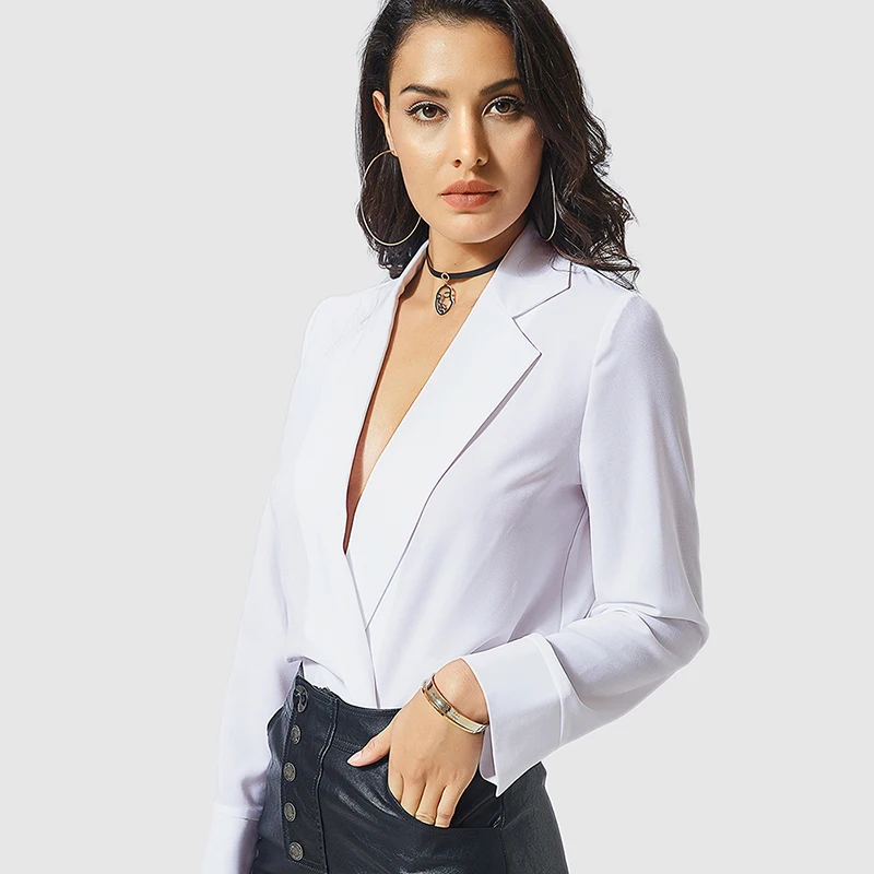 Women Sexy White Shirt Bodysuit Autumn Female Deep V-Neck Long-Sleeve Blouse Romper Office Ladies Casual Elegant Bodysuit Sviuse