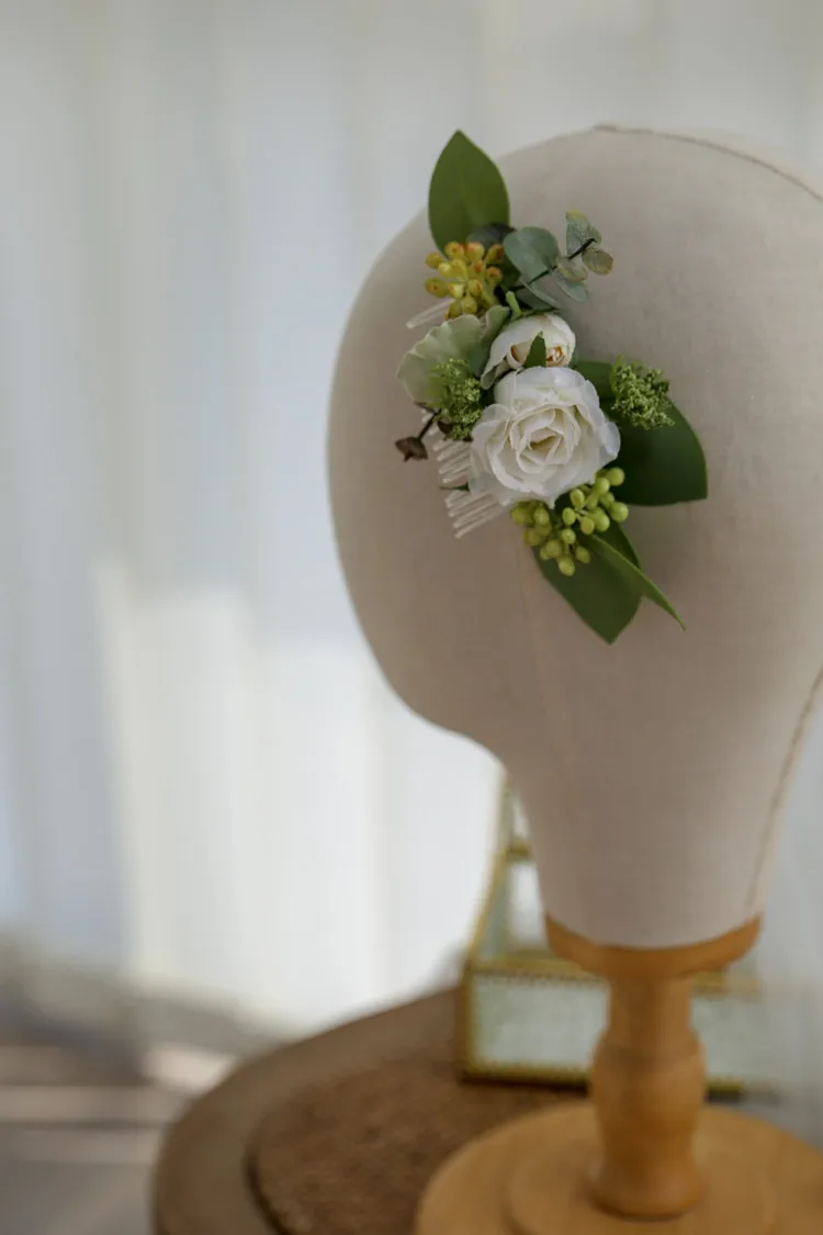Romantic White Rose Greenery Bride Wedding Hair Accessories Leaves Hair Comb and Headband Headwear Prom Bridal Accessories