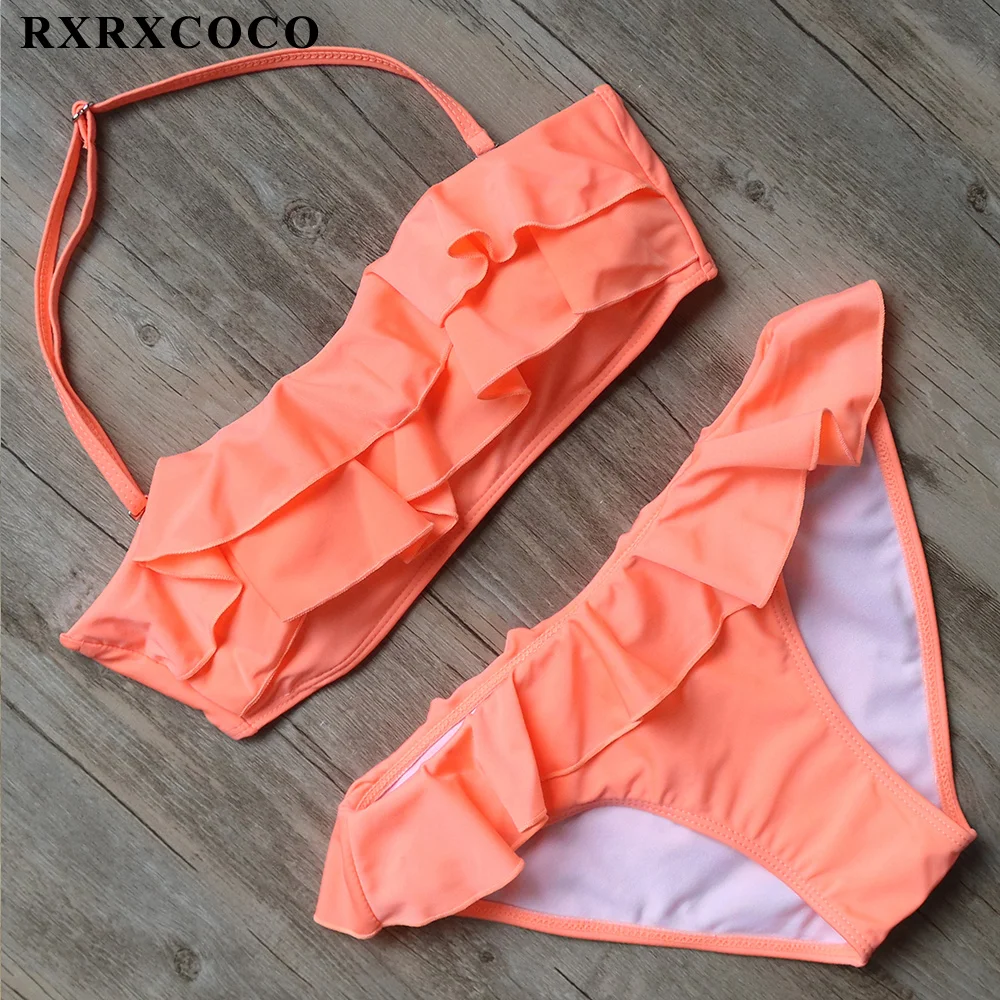 

RXRXCOCO Ruffle Bikini Set 2018 Sexy Solid Swimwear Women Bandeau Bikini Halter Bandage Swimsuit Female Padded Bathing Suit