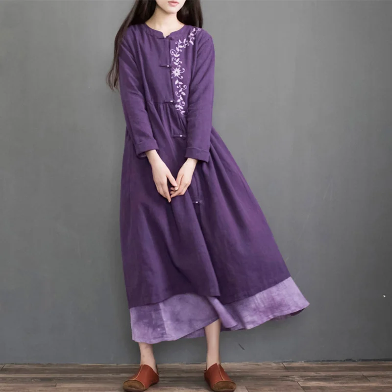 

SCUWLINEN 2019 Spring Autumn Women Vintage Trench Long Embroidery Misaligned Waistline Long-sleeve Ramie Cotton Dress Women S621