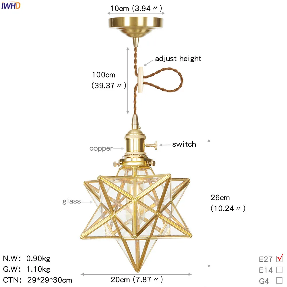 IWHD American Country LED Pendant Lamp Dinning Living Room Light Nordic Style Star Copper Glass Pendant Lights Fixtures Hanglamp