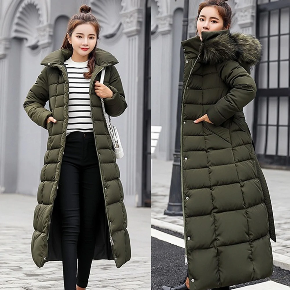 Женская утепленная куртка с длинным рукавом, теплое пуховое пальто с капюшоном, длинное зимнее повседневное пальто с хлопковой подкладкой