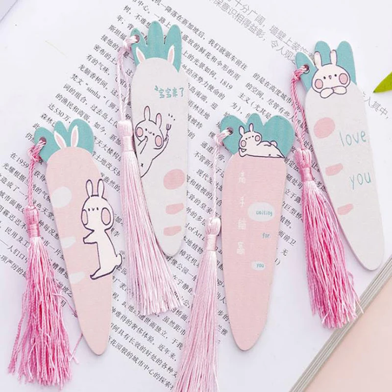 

1 Pcs Kawaii Rabbit Carrot Tassel Bookmark for Book Markers Cute Animal Wooden Rulers Page Holder School Office Stationery Gift