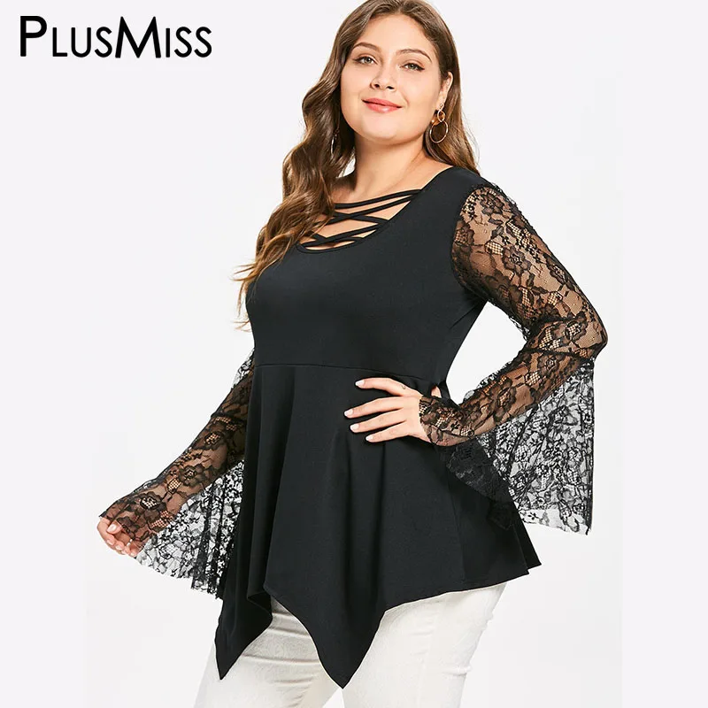 

PlusMiss Plus Size 5XL Sexy Lace Croche Bell Flare Sleeve Blouse Women Big Size Lace Up Vintage Tunic Mesh Tops XXXXL XXXL XXL