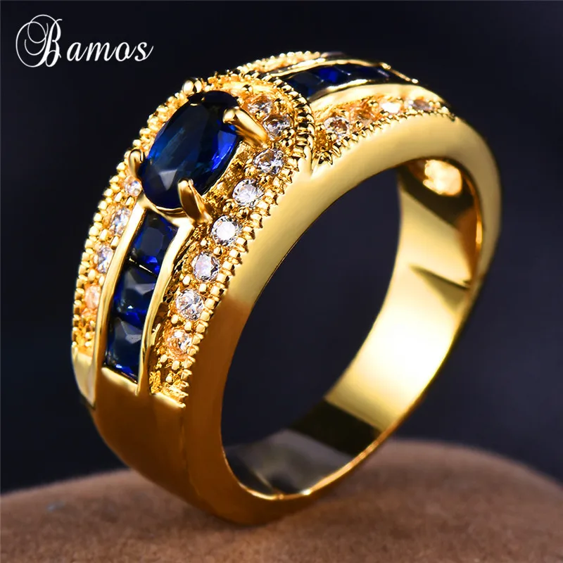 Bamos, модное женское кольцо с голубым камнем, 18 К, кольца из желтого золота, Великолепные обручальные кольца для женщин, обручальное ювелирное изделие, лучшие подарки