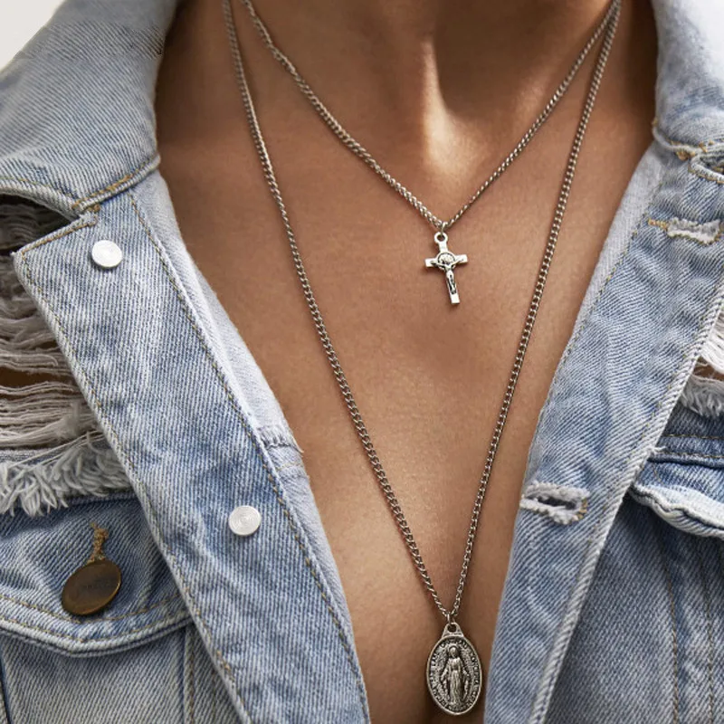 

Vintage Double Cross Jesus Pendant Necklaces Exquisite Silver Color Clavicle Choker For Women Or Men Engagement Gift