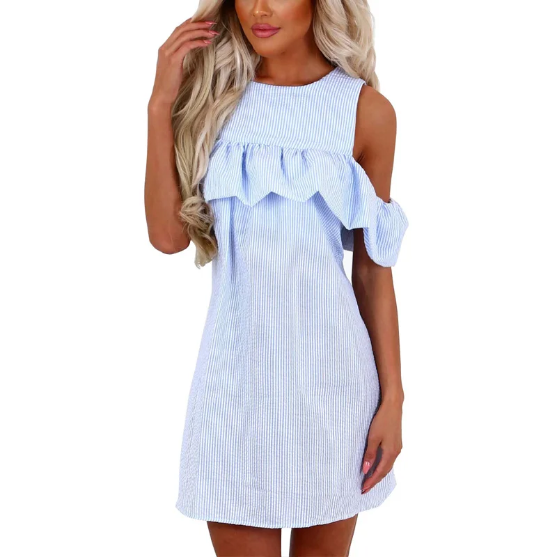 

2019 New Summer Dresses Women Fashion Sexy Off Shoulder Striped Vestido Curto Brief O-Neck Puff Sleeve Loose Mini Dress