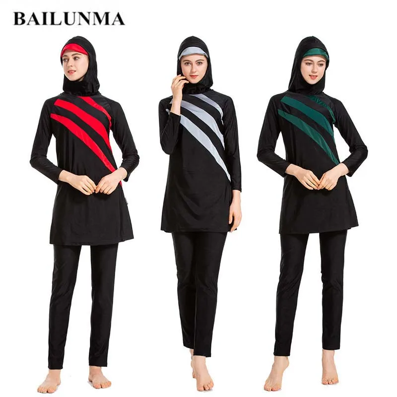 

BAILUNMA Burkinis Islamic Swimsuit For Women Muslim Swimwear Full Cover Conservative Chest pad Swim wear Modest Hajib plus size