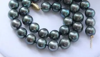 

free shipping luster 17.5" 11-12mm peacock black round pearls necklace