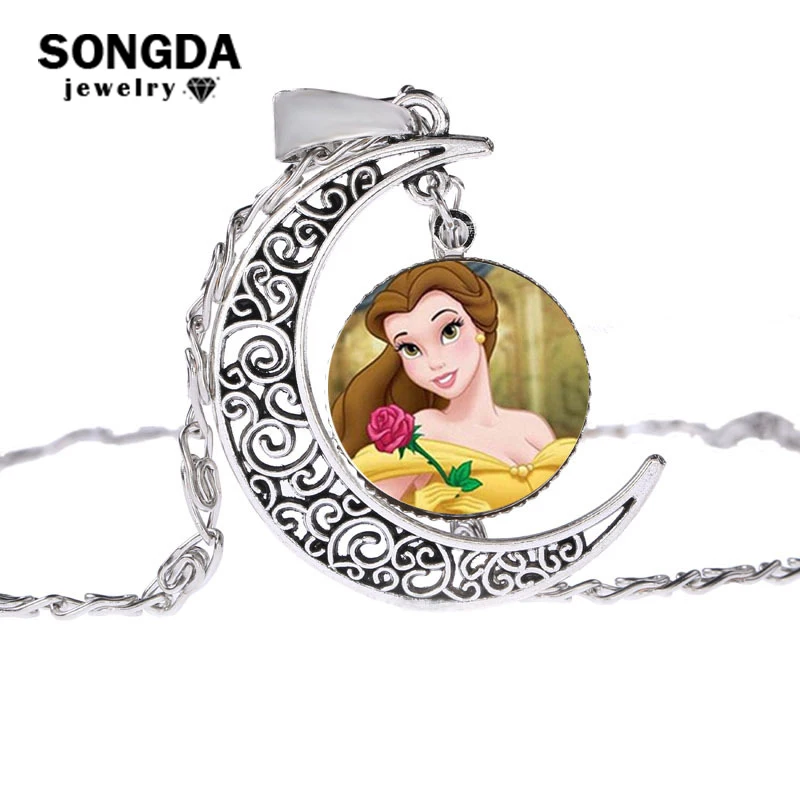 

SONGDA Beauty and the Beast Moon Pendant Necklace Handmade Cartoon Pattern Glass Cabochon Pendant Child's Favorite Birthday Gift