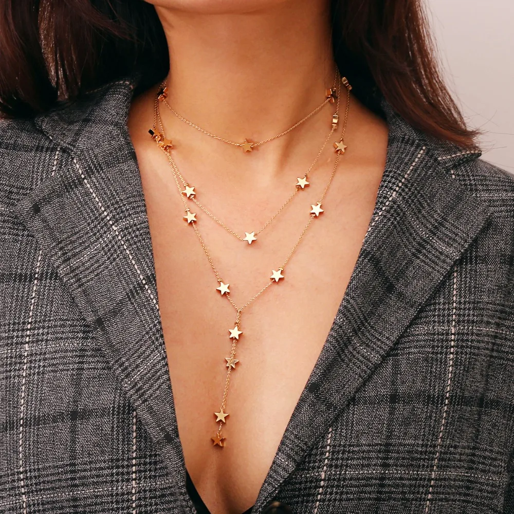 Многослойное ожерелье-чокер с кисточками и звездами для женщин, подчеркивающее индивидуальность, позолоченные небесные элементы