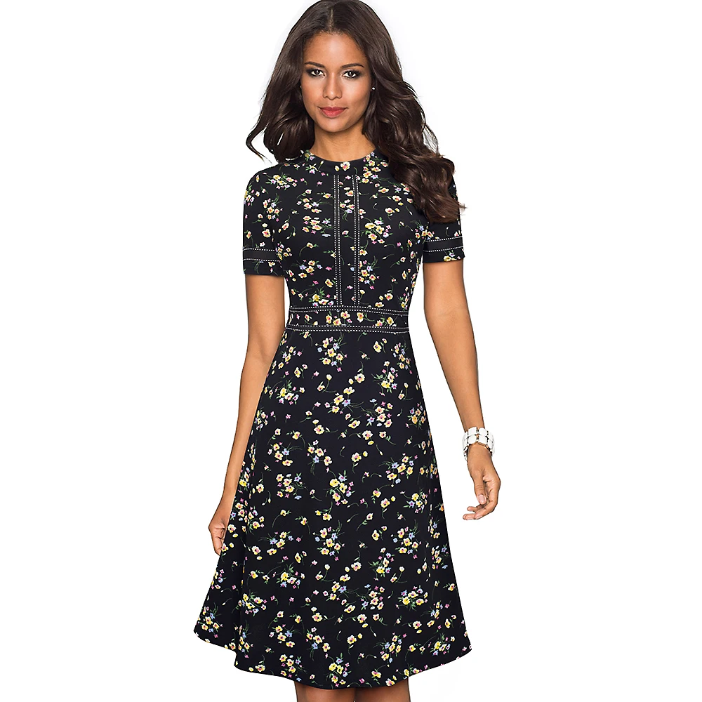 

Women Fashion Print Floral Short Sleeve Casual Dress Elegant Vintage Party Round Neck A-line Dress 2EA140