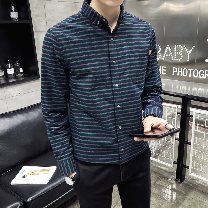 

Long Sleeve Shirt Men 2019 Spring England Slim Shirt Tide Men's Personality Striped Pointed Collar Buttoned Long Sleeve Shirt