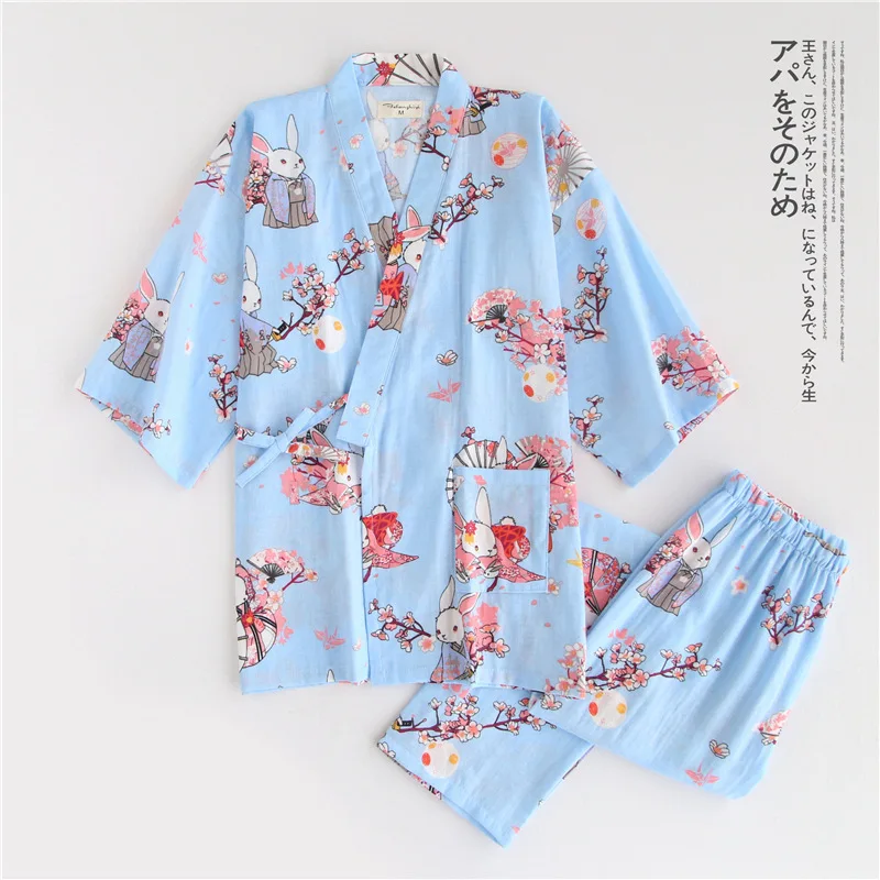 Women's Sleep Lounge Pajamas Sets Japanese Style Yukata Cardigan Bathrobe Top and Pants