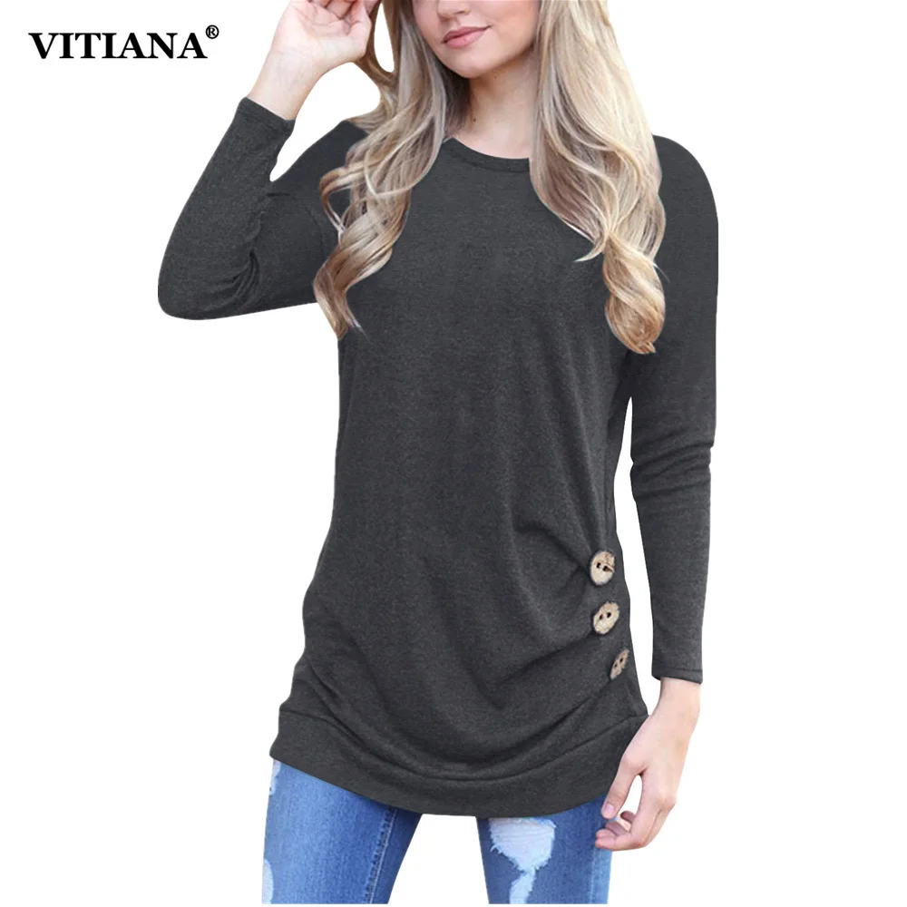 

VITIANA Women 2017 Autumn Cotton Casual Shirt Round Neck Long Sleeve Black pink t shirts Female Elegant Tops Tee tshirt Button