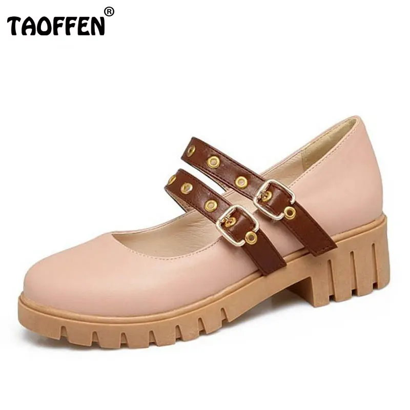 

TAOFFEN Double Buckle Strap Thick Heels Shoes Women Fashion Platform Pumps Leisure Daily Sapato Feminino Footwear Size 34-39