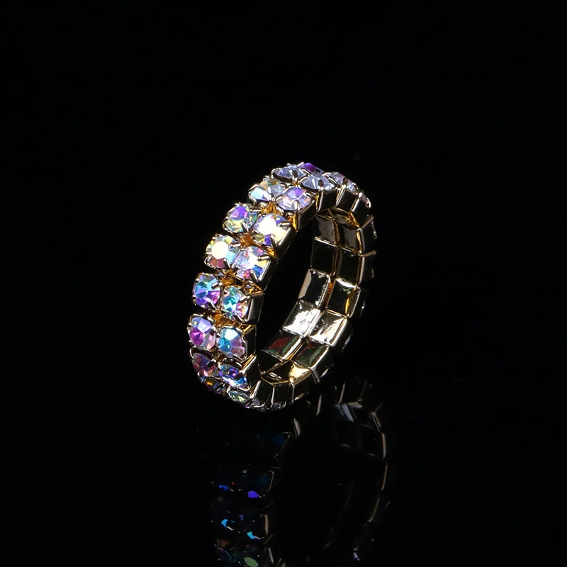 TDQUEEN 1-5 Rows AB Crystal Rings Gold Color Metal Bridal Wedding Rhinestone Elastic Stretch AB Stone Rings for Women (3)