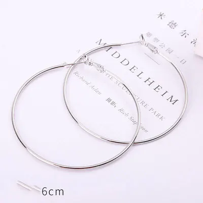 6cm Glossy Простые серьги-кольца из стерлингового серебра 925 пробы для женщин, большие серьги-кольца с пряжкой, круглые серьги в виде тонкого кольца - Metal Color: 6cm Glossy