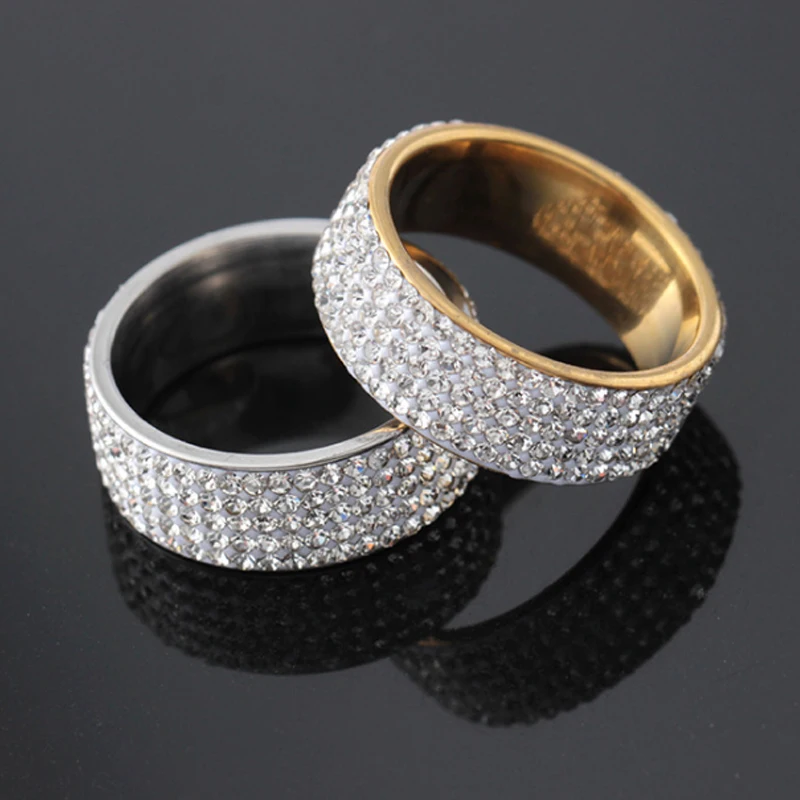 Стразы 1 шт обручальное кольцоНержавеющая сталь юбилей мужчины женщины кристалл широкий золотой унисекс серебристый Jwelry подарки