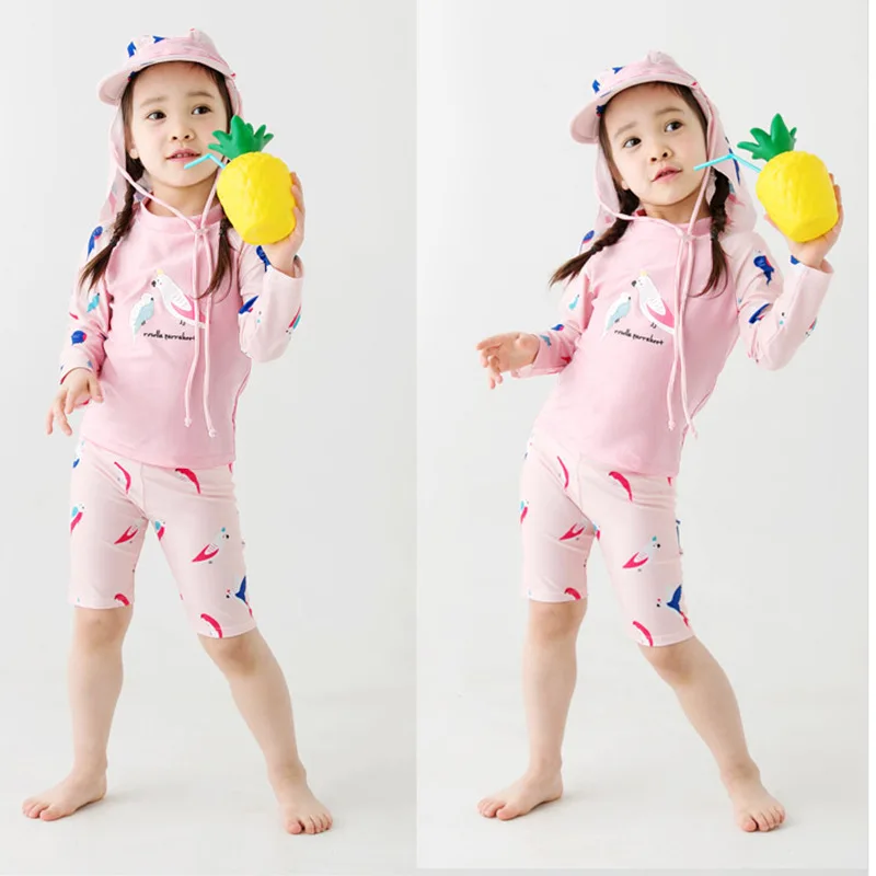 Baby Kids Girl Clothes Kids Pink Parrot Summer Swimwear Tops+Shorts Set SwimSuit Bathing Beach Clothing Hat Long Sleeve