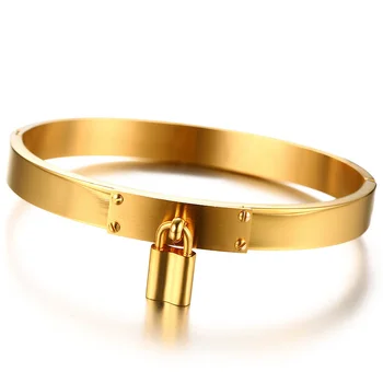 

Engrave Name Woman's Golden Hinge Bangle Padlock Charm Bracelet Stainless Steel Brackelts Brazalet Stylish Womens Accessories