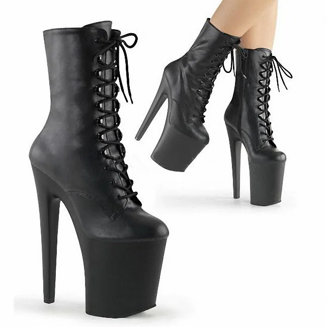 20cm-High-Heel-Platform-Sex-Fetish-Women-Mid-Calf-Boots-Shiny-Matte-Black-PU-Leather-Lace-up-Boots- 5