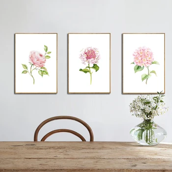 

Modern Watercolor Canvas Art Print Painting of Chinese Rose,Hydrangea Macrophylla and Rare Flower,Wall Picture for Dining Room